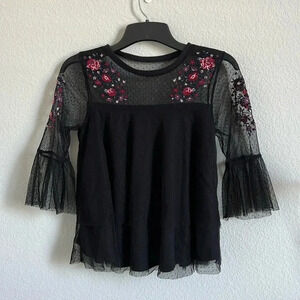 Blue Rain Black Floral Tulle Shirt with Ruffle Sleeves